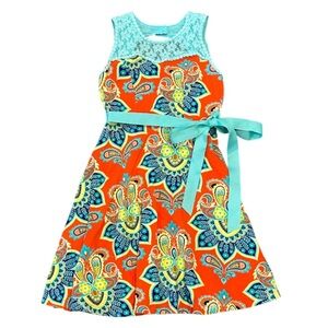 Girls Counting Daisies Size 7 Orange and Blue Dress with Lace Embellishment